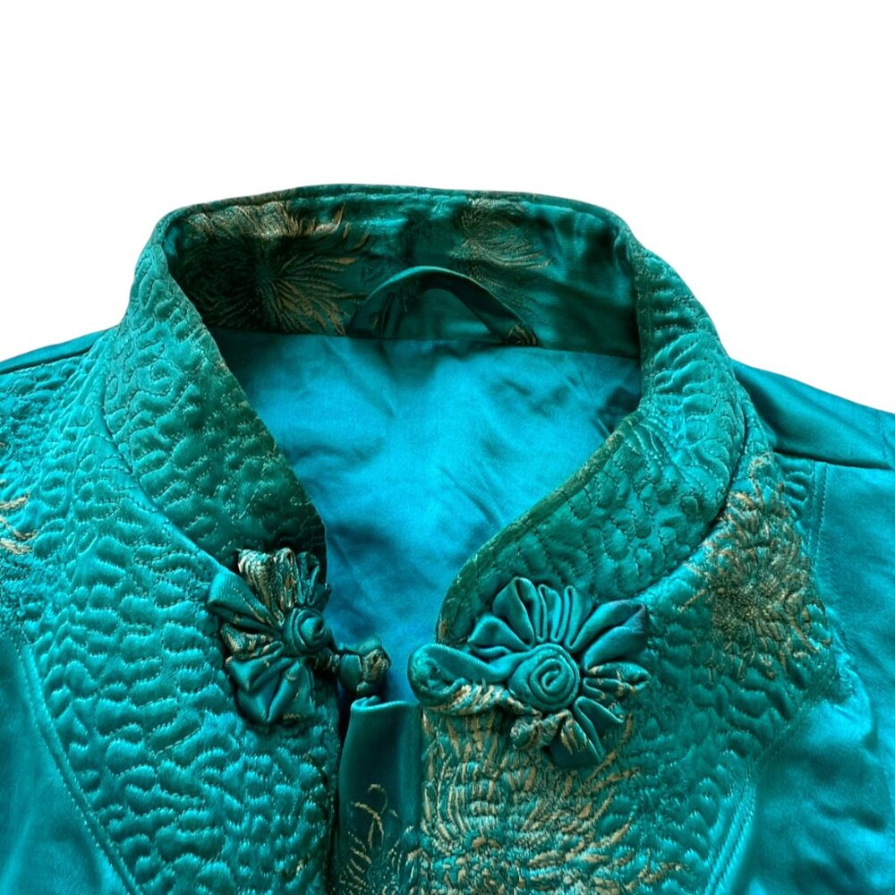 Traditional Chinese smoking jacket blue silky chrysanthemum floral design Small - Picture 6 of 11